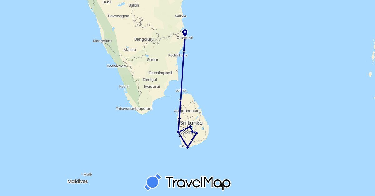 TravelMap itinerary: driving, plane in India, Sri Lanka (Asia)
